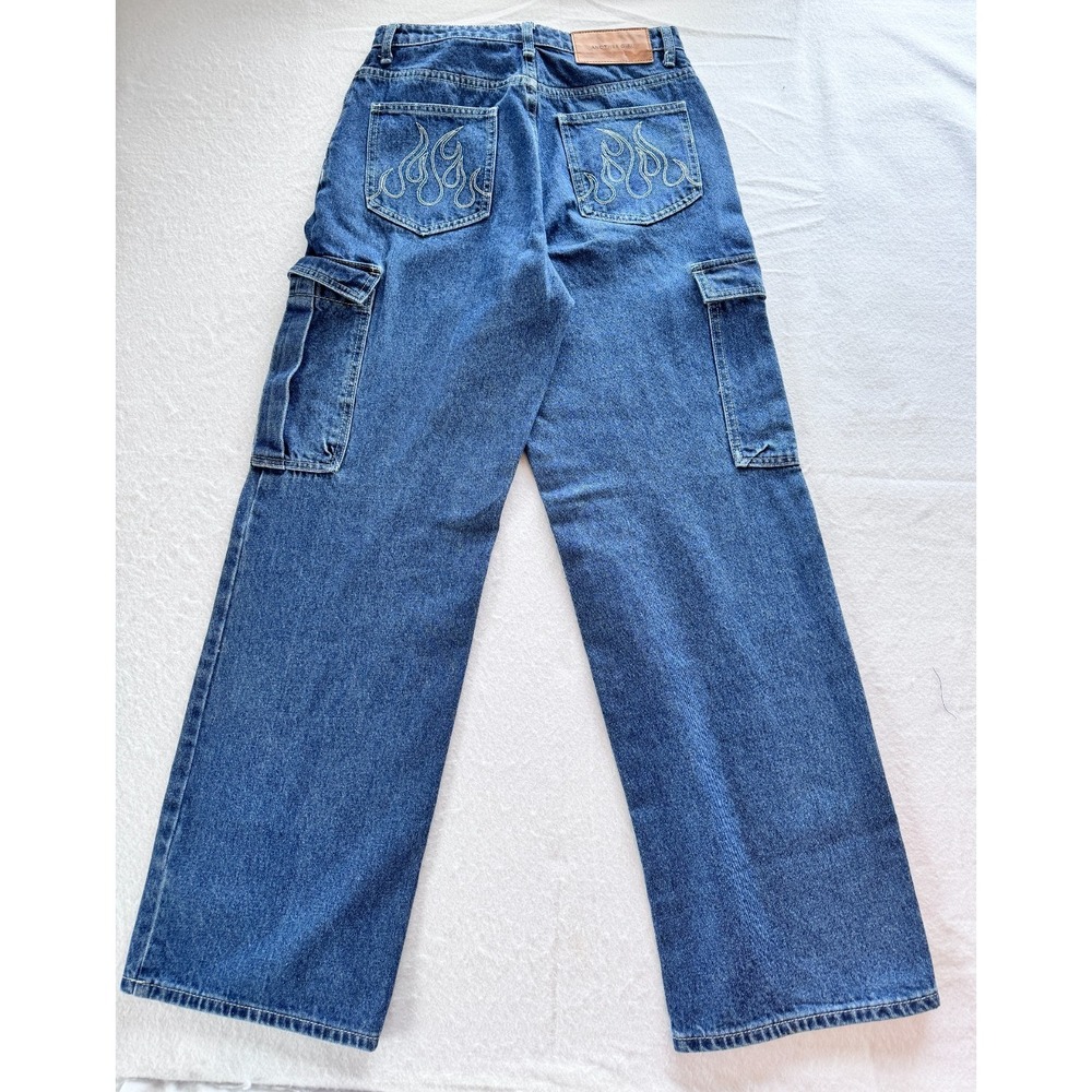 Another Girl Baggy Cargo Wide Leg High Jeans Embroidered Flame Pockets 28x31 y2k